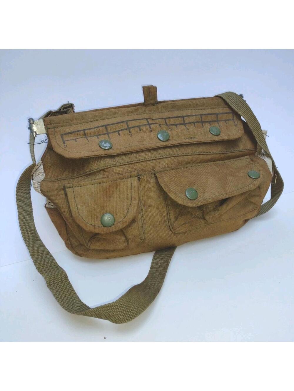 VTG 70s Canvas Fishing Creel Bag Utility Shoulder Bag Mesh Sides Taiwan Gorpcore